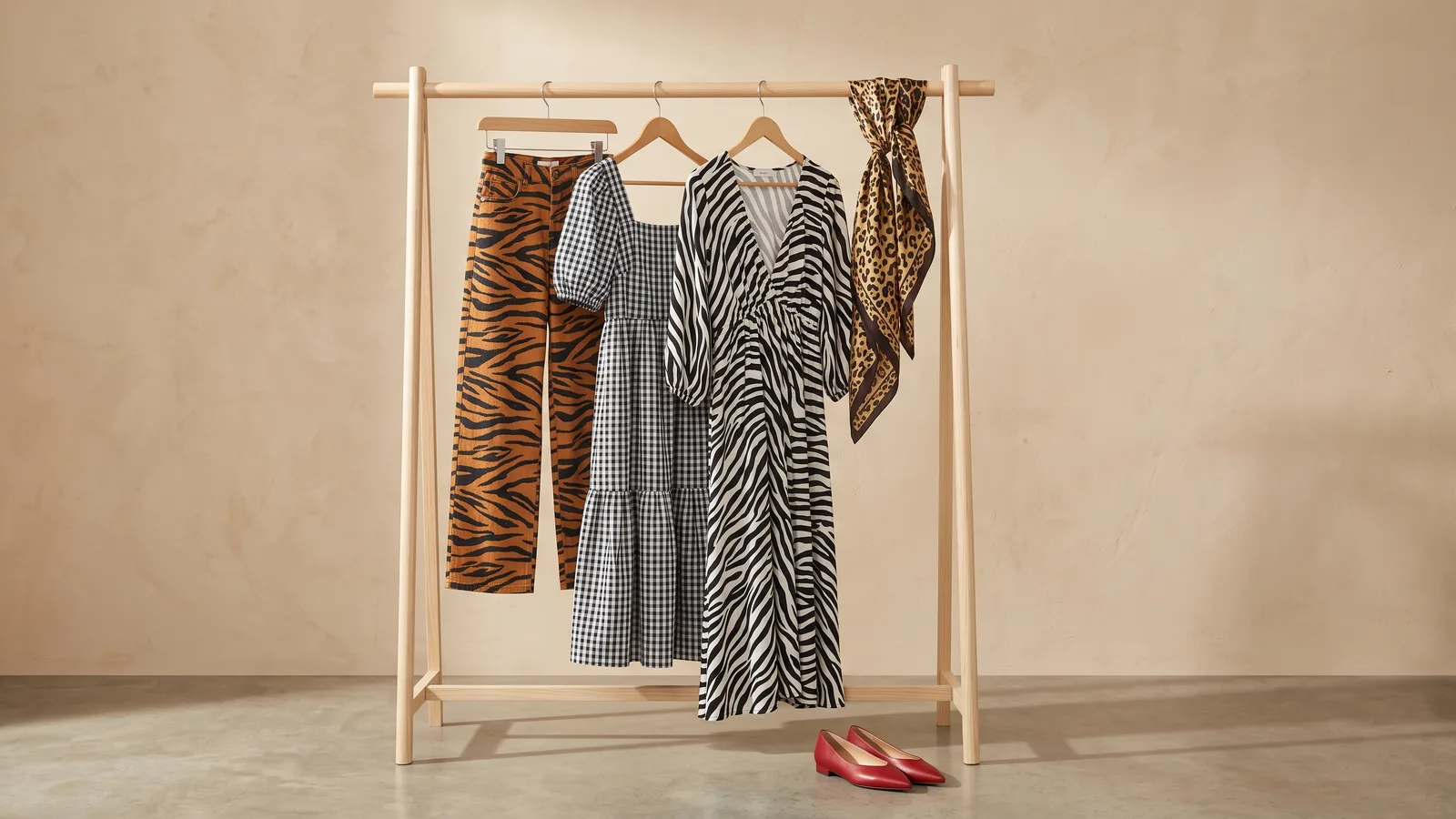 Illustration of a zebra-print maxi dress, gingham sundress and tiger-print wide-leg jeans layered on a warm neutral backdrop