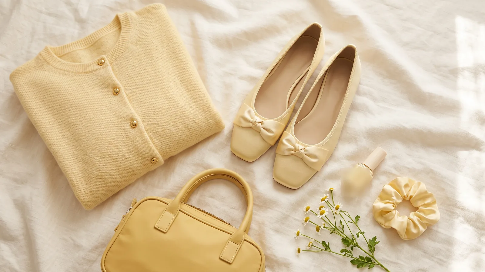 Illustration of a butter-yellow cardigan, satin ballet flats and a small yellow bag styled on a cream background