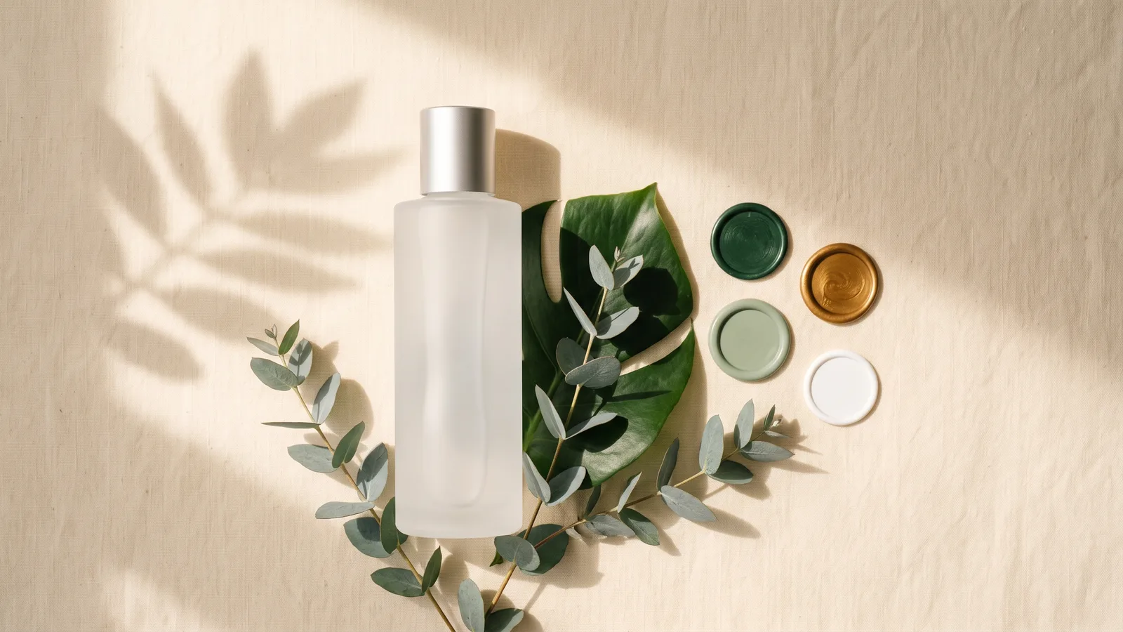 Illustration of certification seals — USDA Organic, GOTS, Leaping Bunny and EWG Verified — arranged beside a plain cosmetic bottle