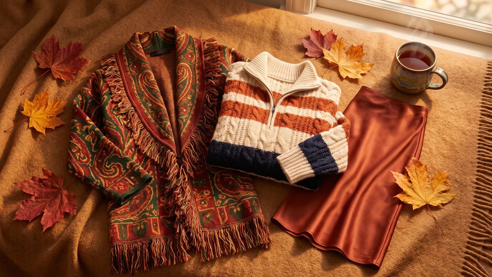 Illustration of a fringed paisley cardigan, a striped ribbed half-zip and a satin midi skirt folded on a caramel-toned surface