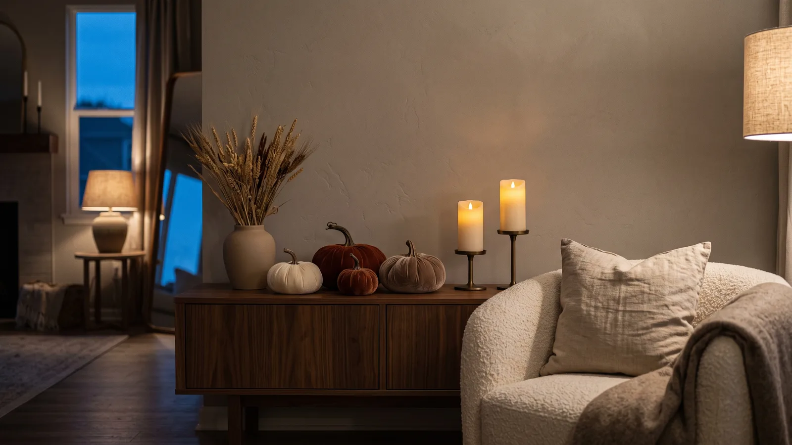Illustration of cream and rust velvet pumpkins with flameless candles and a linen pillow in a quiet fall palette