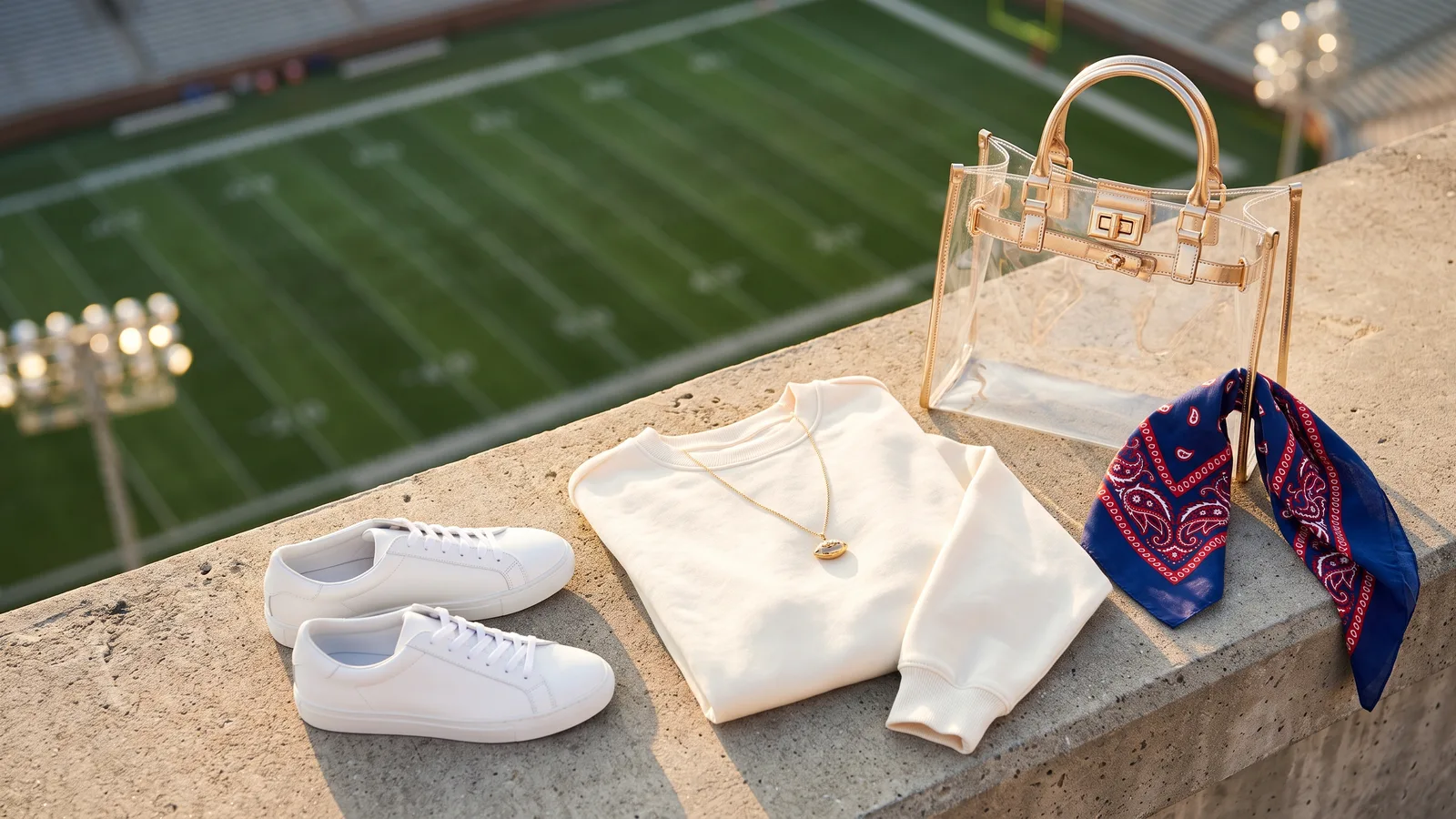 Illustration of a clear stadium crossbody bag next to a football pendant necklace and a game-day sweatshirt