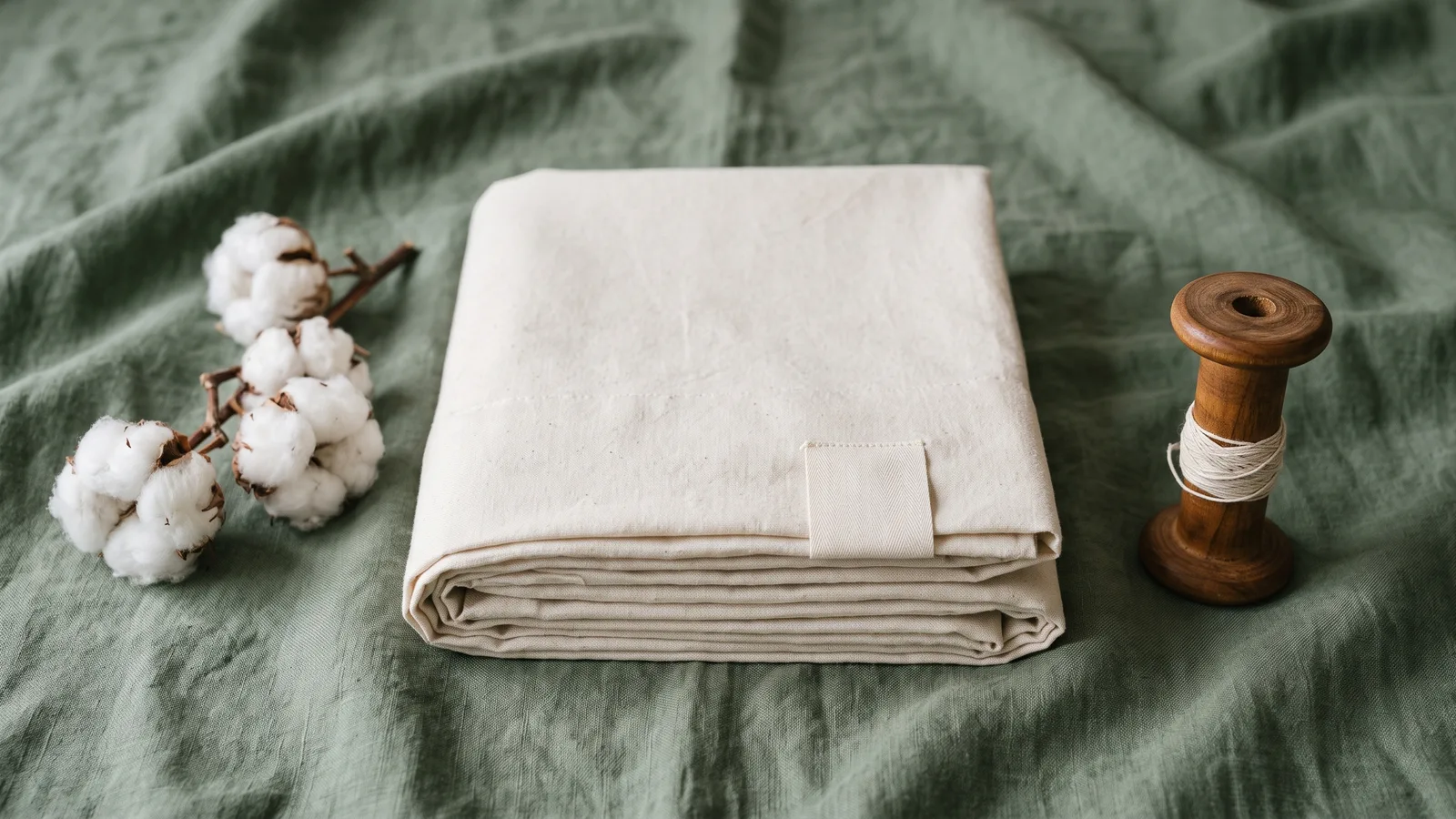 Illustration of a folded organic cotton sheet set with a GOTS certification tag against a soft sage background