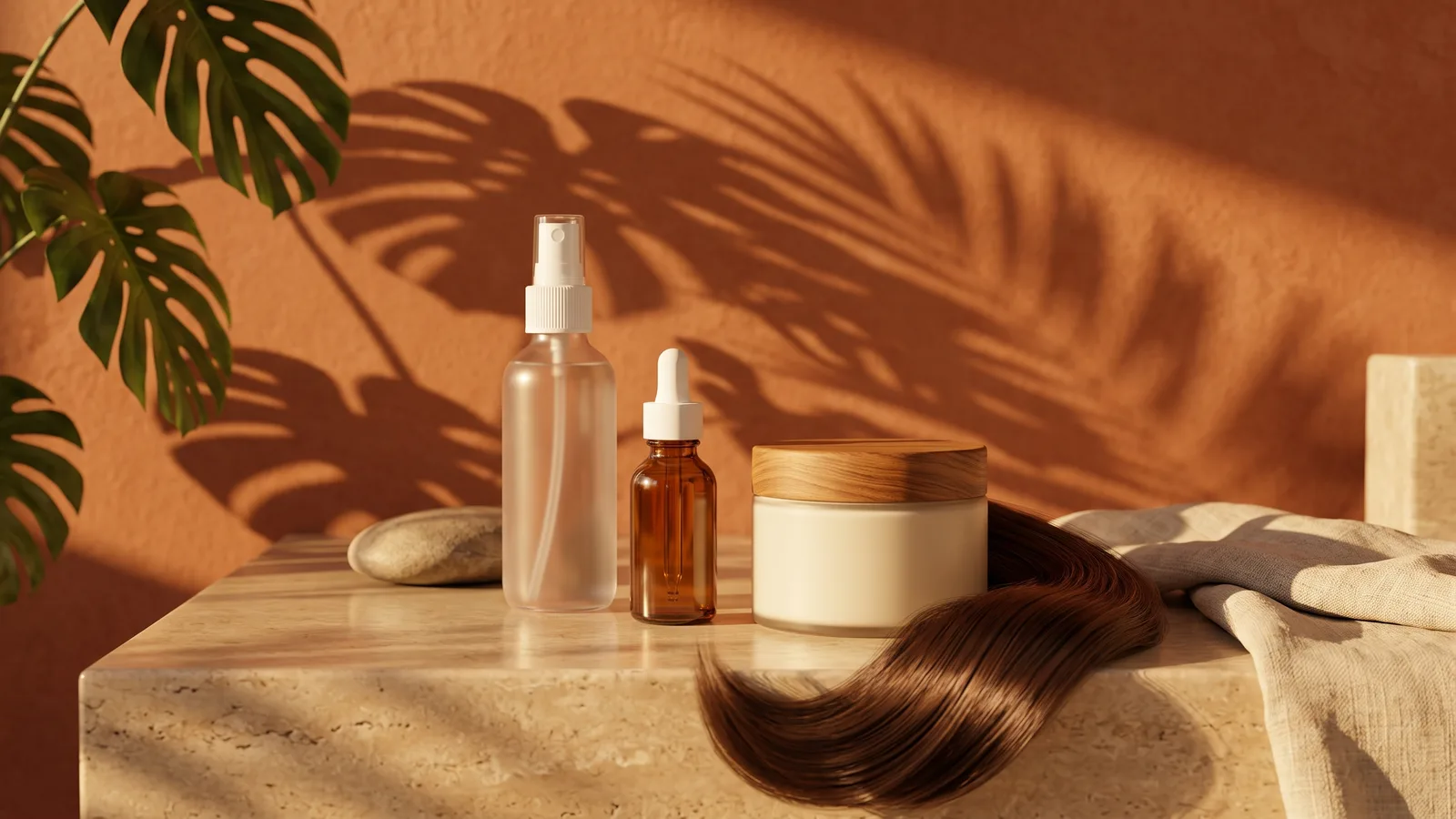 Illustration of a leave-in conditioner mist, a bond-repair serum dropper and a drugstore hair mask jar side by side