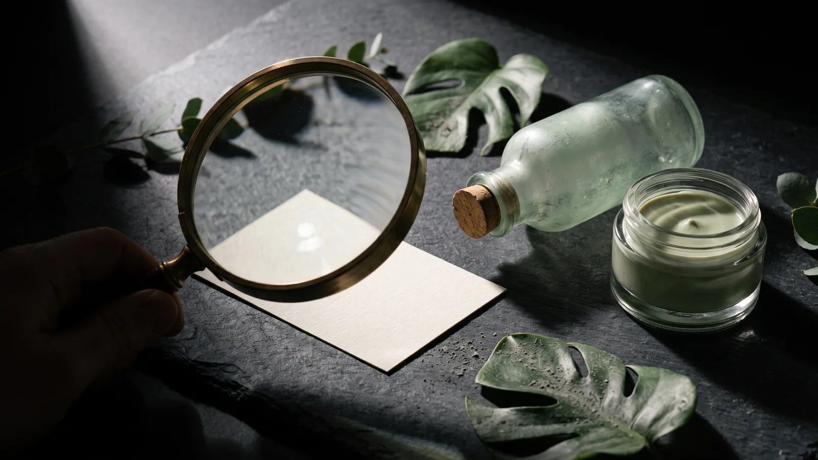 Illustration of an unlabeled skincare bottle beside a magnifying glass held over an ingredient list