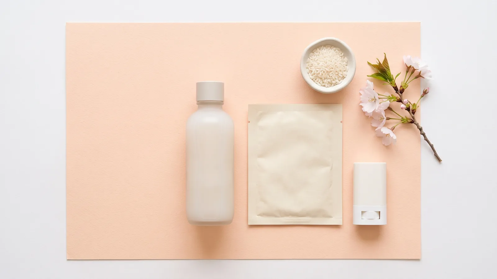 Illustration of a rice toner bottle, a sheet-style wrapping mask and an SPF sun stick on a pale peach background