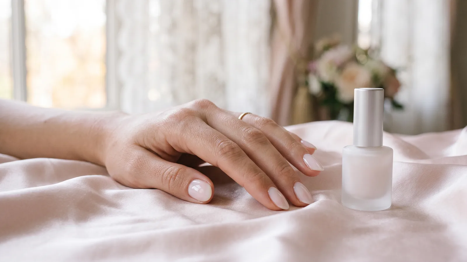Illustration of a milky-white sheer manicure against a blush background
