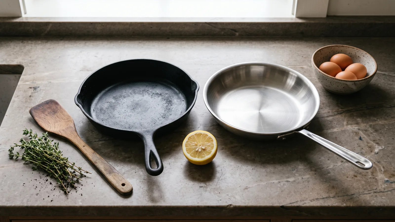 Illustration of a cast iron skillet and a stainless tri-ply fry pan on a warm stone counter