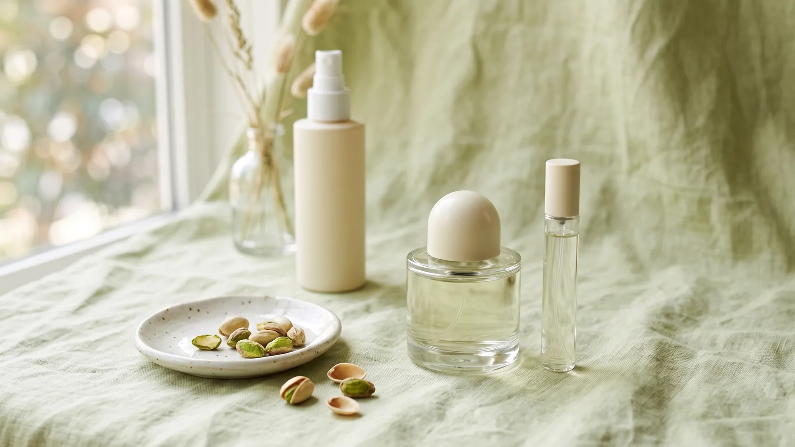Illustration of pistachio-green and cream perfume bottles beside shelled pistachios on a soft green backdrop
