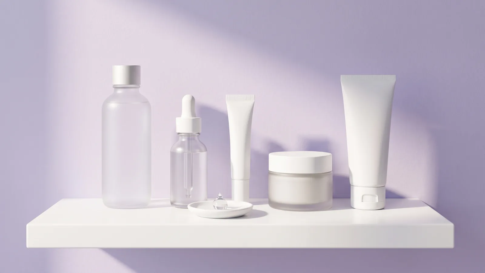 Illustration of skincare bottles lined up in routine order from thinnest to thickest on a soft lavender background
