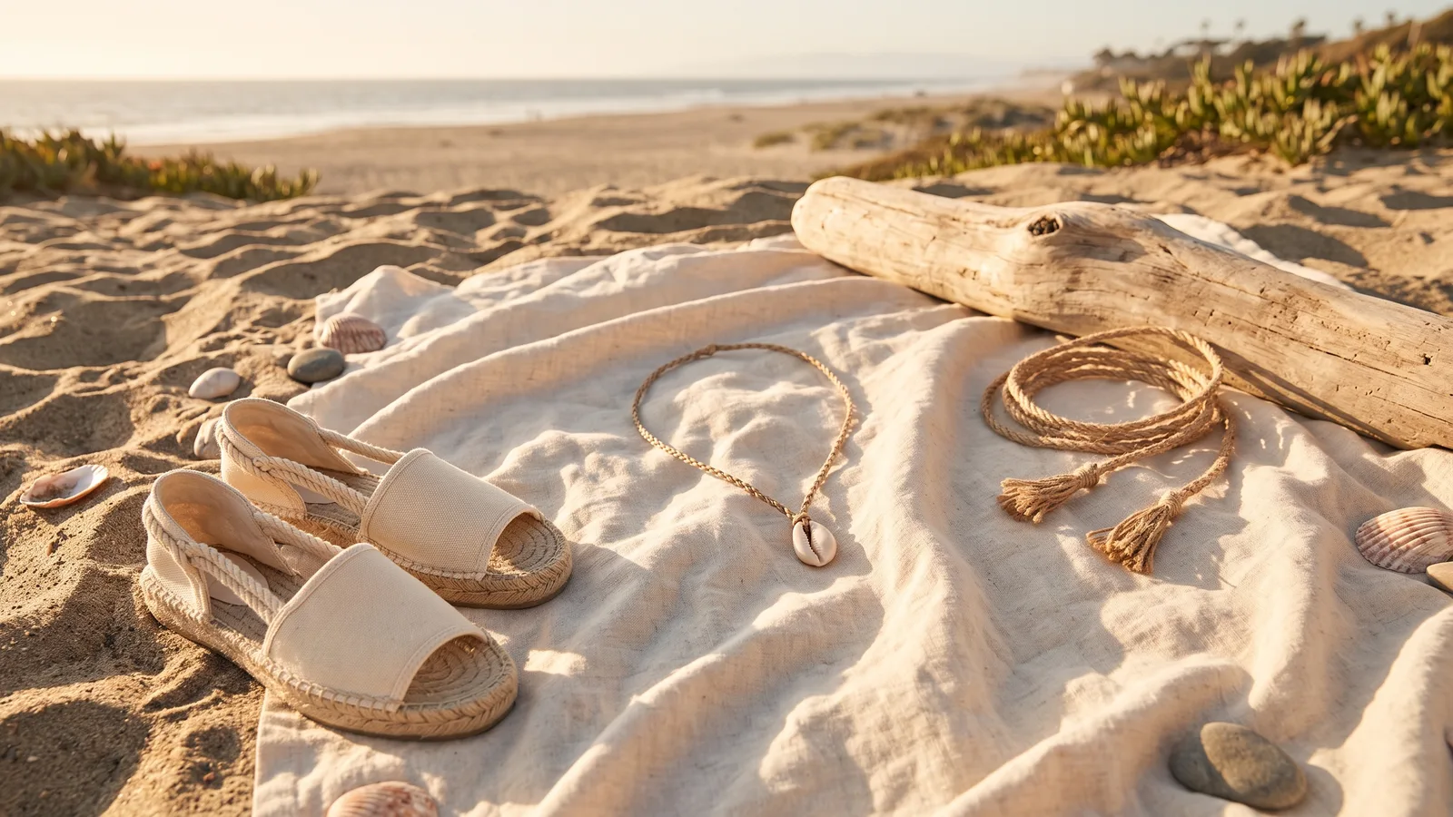 Illustration of a thin rope tie belt, a braided cord necklace and rope-soled sandals on a sandy backdrop