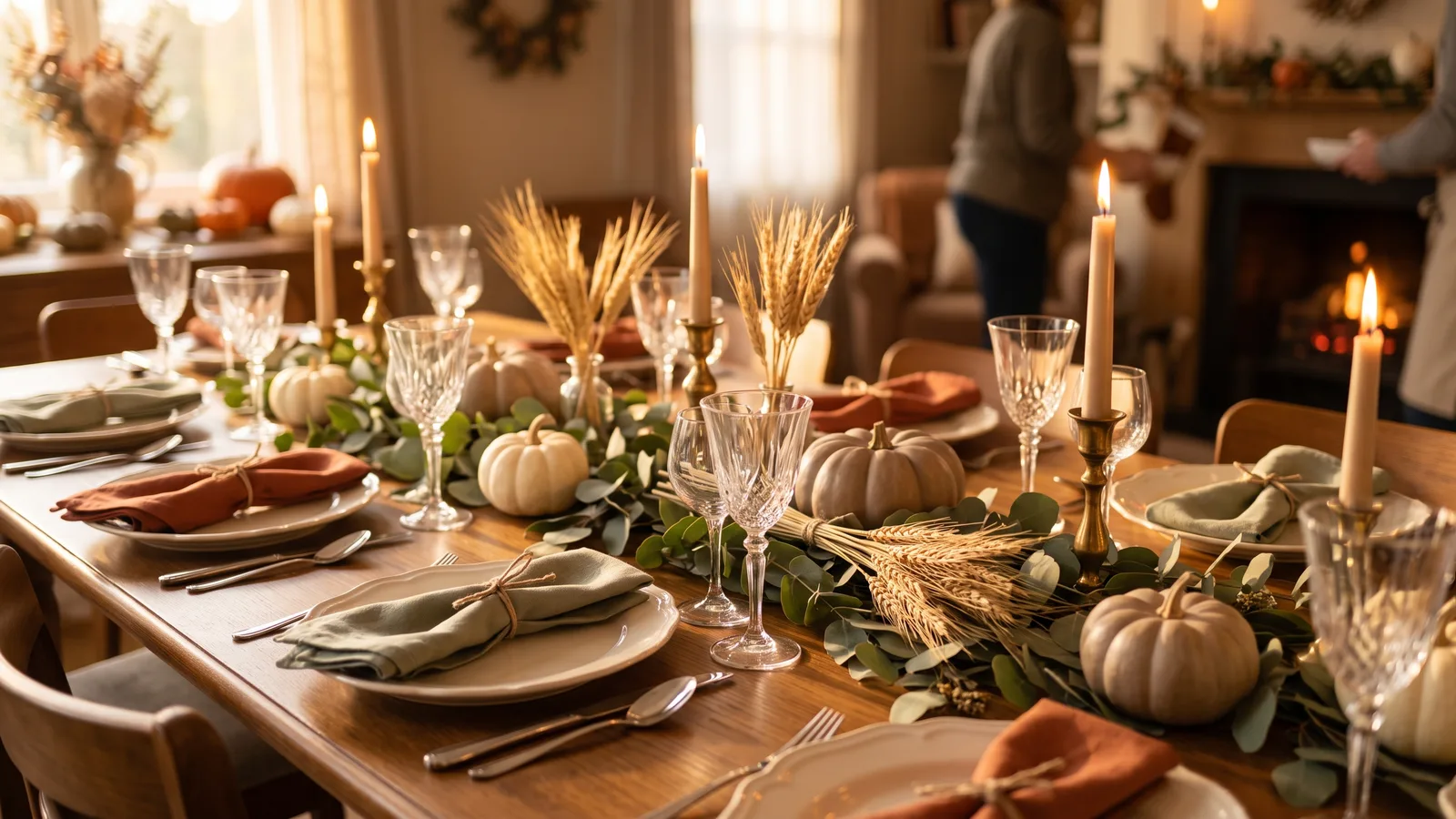Illustration of a Thanksgiving table set with cream scalloped-edge plates, linen napkins and small pumpkins