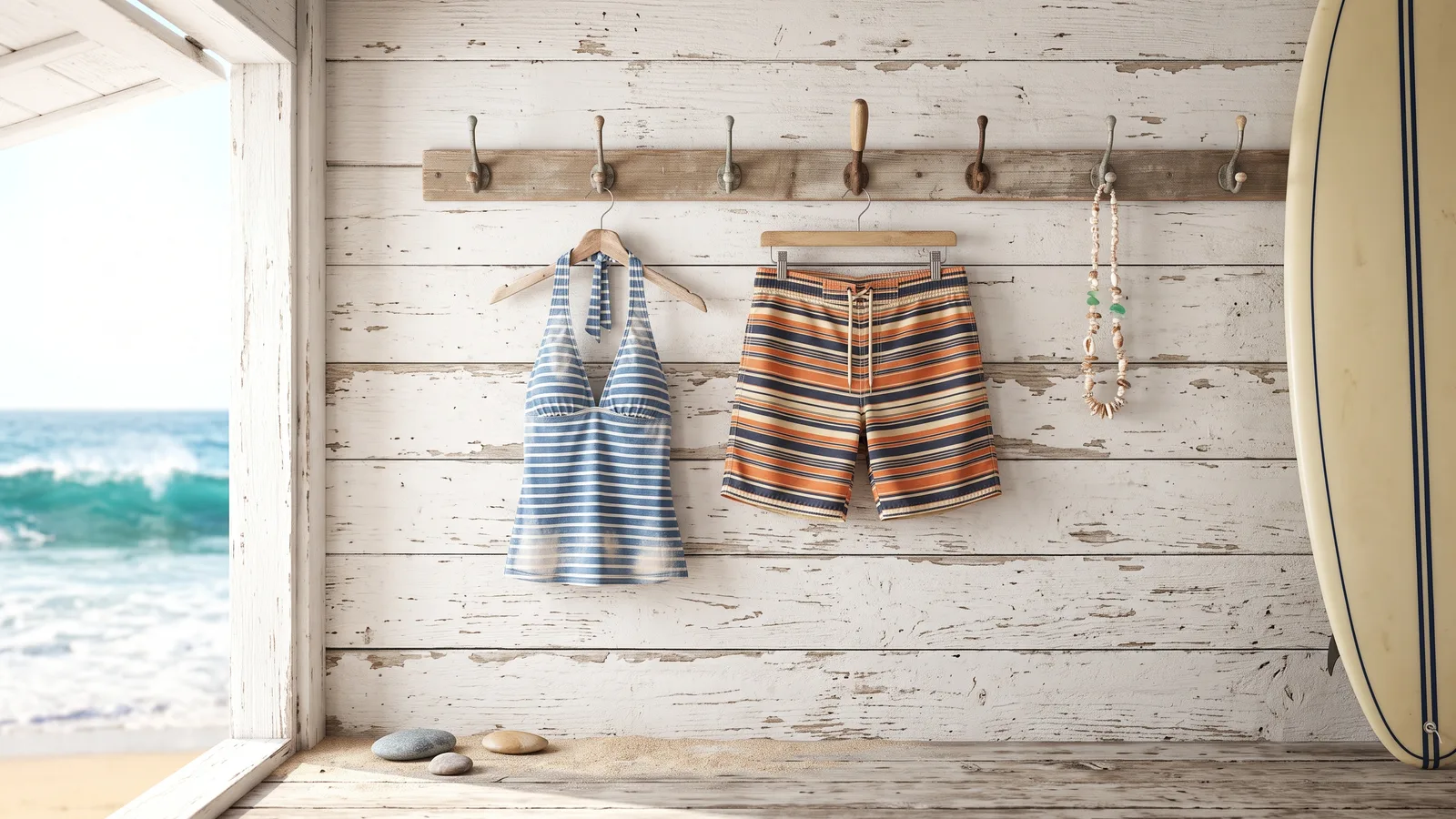 Illustration of a halter tankini, board shorts and a shell charm necklace laid out on pale blue-striped fabric